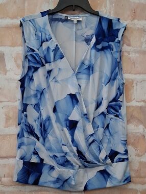 Jennifer Lopez Blue Floral Faux-Wrap Sleeveless Top